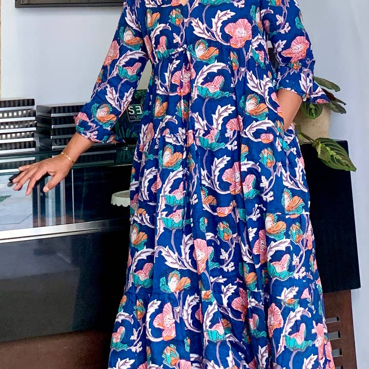 Abito con stampa Bridget block, abito estivo in cotone per la vendita all'ingrosso da parte di Peepal tree