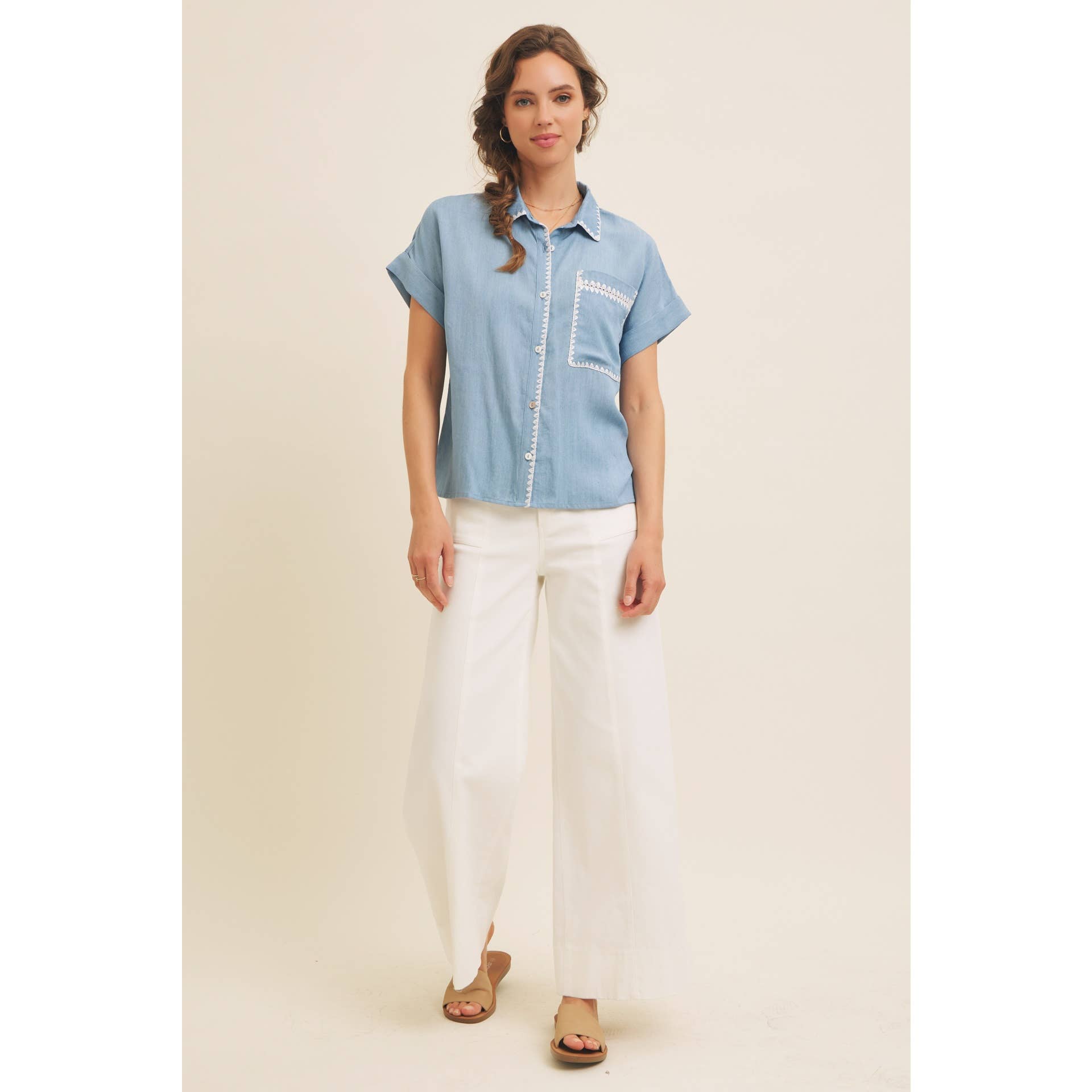 WASHED CHAMBRAY BUTTON-DOWN SHIRT WITH STITCHING for wholesale on Faire6