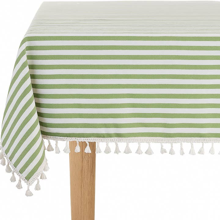 Fennco Styles - Wholesale Tablecloth - Green Rustic Simply Striped Tasseled Cotton Blend Tablecloth1