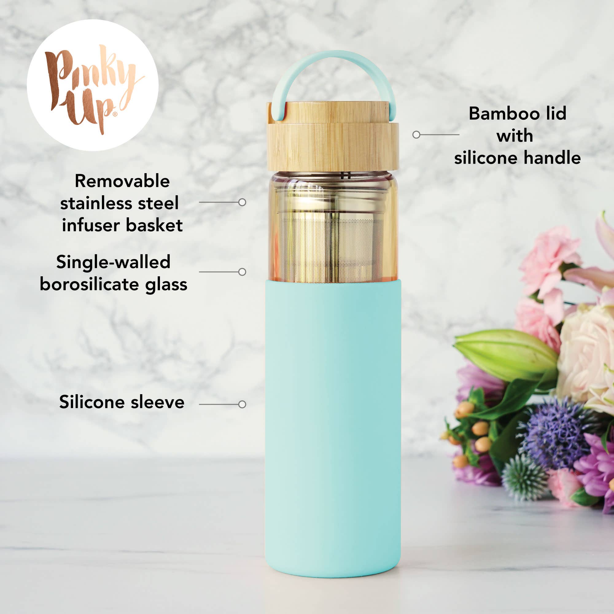 Pinky Up - Wholesale Insulated Mug/Tumbler - Dana™ Glass Travel Mug Infuser and Silicone Sleeve Turquoise5