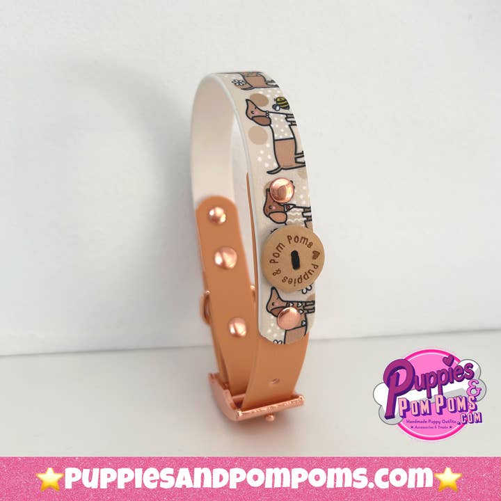 Puppies & Pom Poms - Wholesale Pet Collar - Dog - Bee Happy Dachshunds - Handmade Biothane Dog Collar - Tan6
