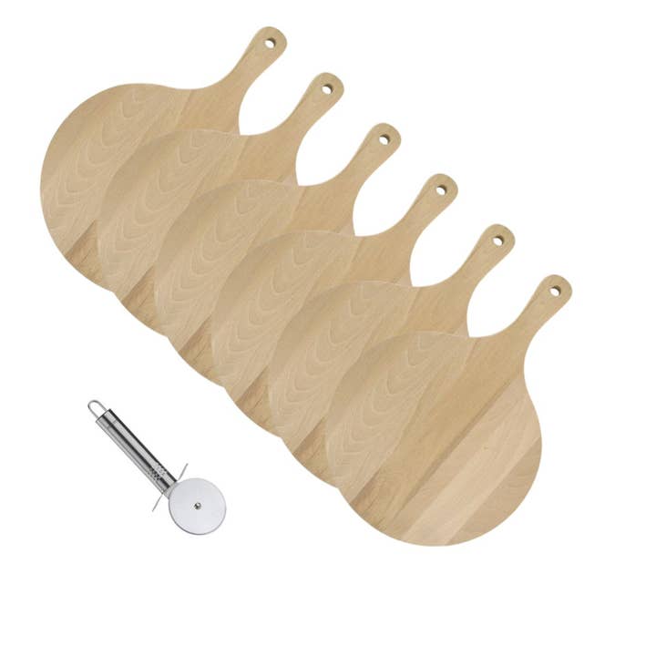 Zenker - Wholesale Pizza Wheel - 6 wooden pizza and flammekueche boards 30 cm and stainless steel pizza cutter Fackelmann