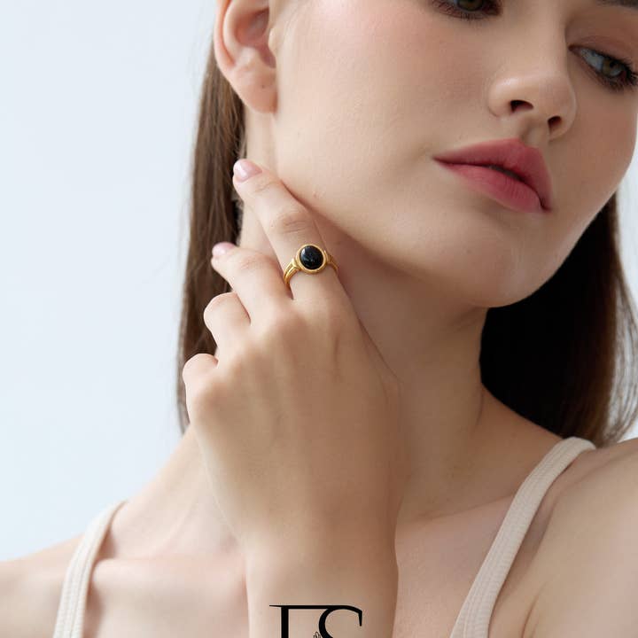 Furano Studio - Wholesale Signet Ring - Black Onyx Signet Ring, Non Tarnish Gold Signet Ring