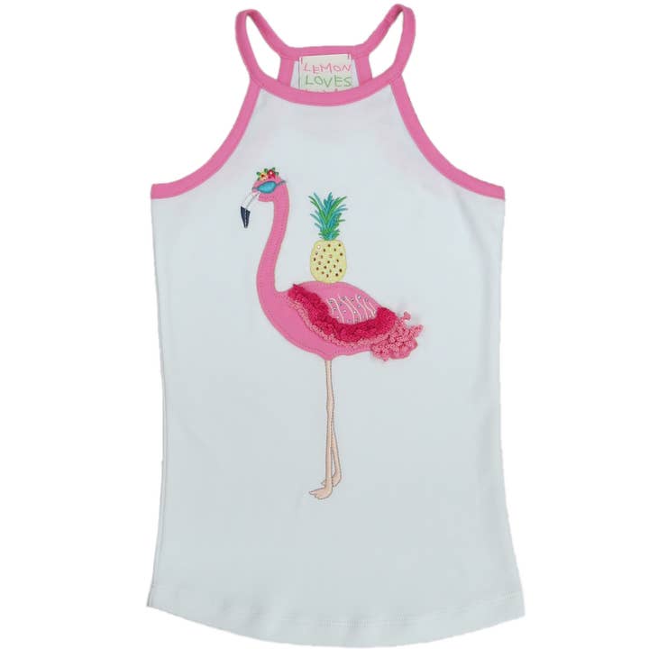 GIRL-Flamingo Tropic Tank White for wholesale by Lemon Loves Lime