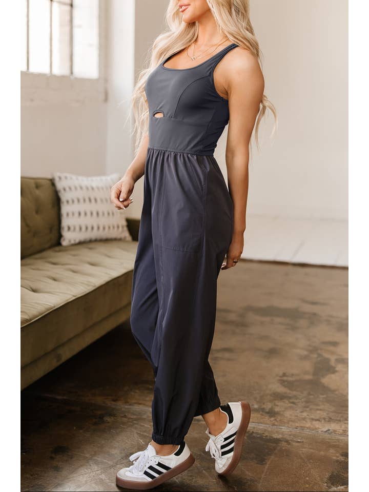 Carbon Grey Solid Cross Back Jogger Jumpsuit for wholesale on Faire