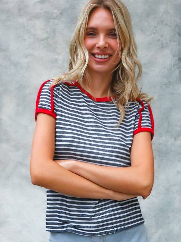 NAVY WHITE PLUS RINGER PIPED TRIM SHORT SLEEVE KNIT TOP for wholesale on Faire
