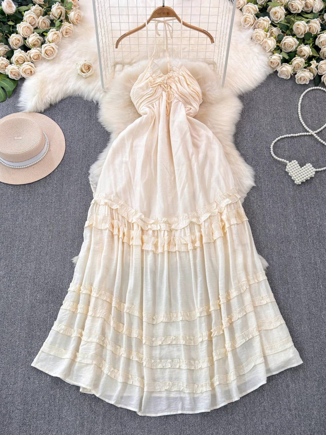beige BOHO Beach Resort ruffle halter large swing flare maxi dress for wholesale on Faire5