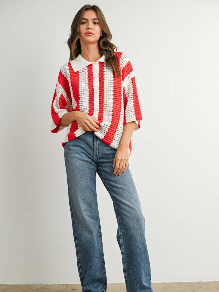 BUTTERMELON - Wholesale Knit Sweater - Women's - Striped Knit Button-Up Sweater - BMW7742 1