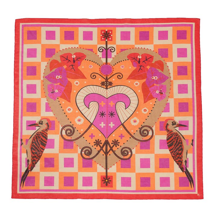 Sciarpa quadrata di lusso rosa arancione in seta di cotone italiano | Sciarpe artistiche originali di ispirazione haitiana di piccola impresa da donna | Goave Bonbon per la vendita all'ingrosso da parte di ZILEM