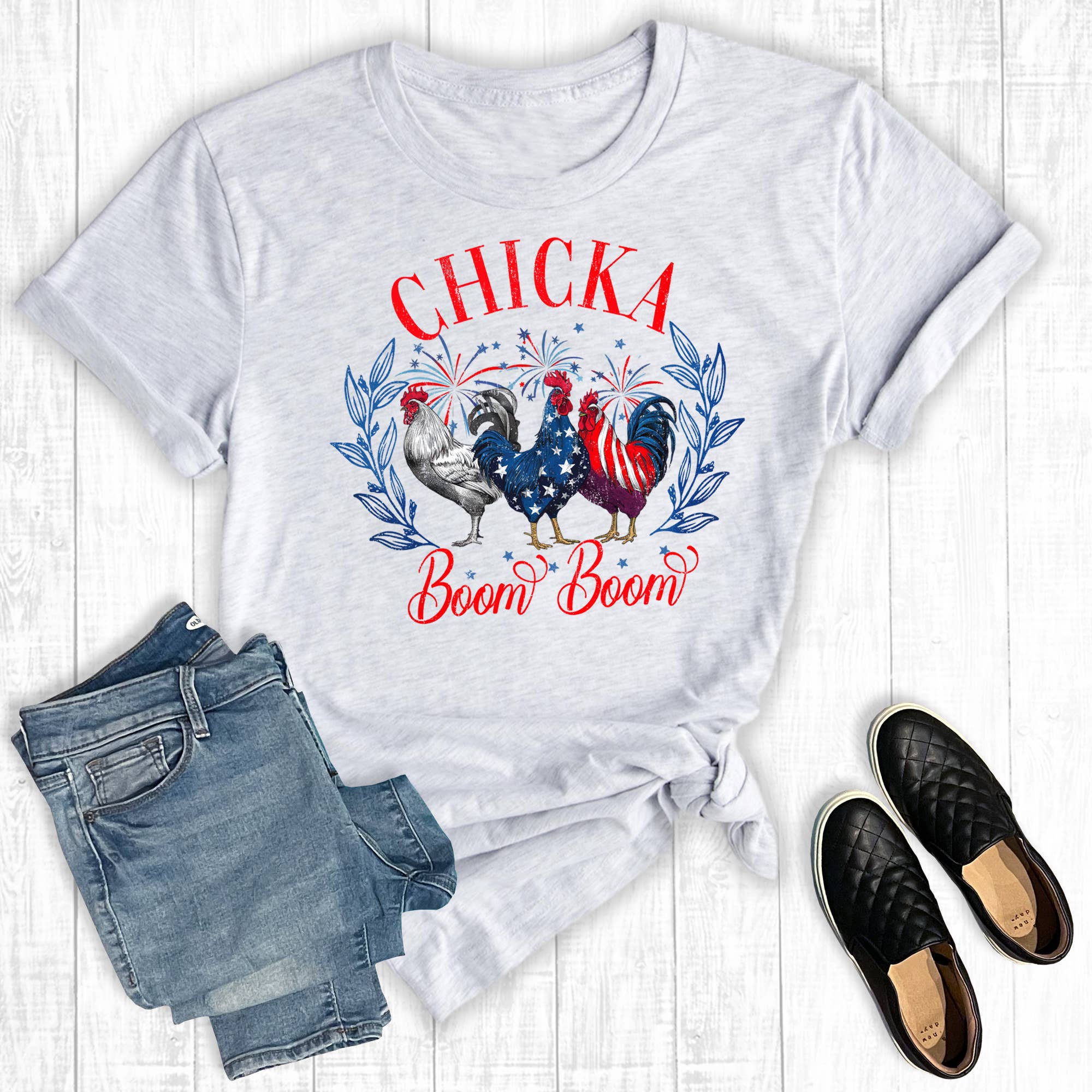 Ash Funny 4th Of July Chicka Boom Boom Chickens Graphic Tee for wholesale on Faire