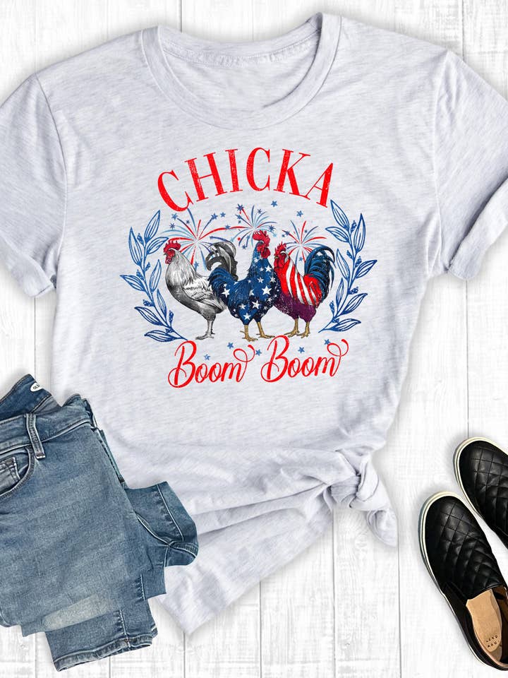 Ash Funny 4th Of July Chicka Boom Boom Chickens Graphic Tee for wholesale on Faire0