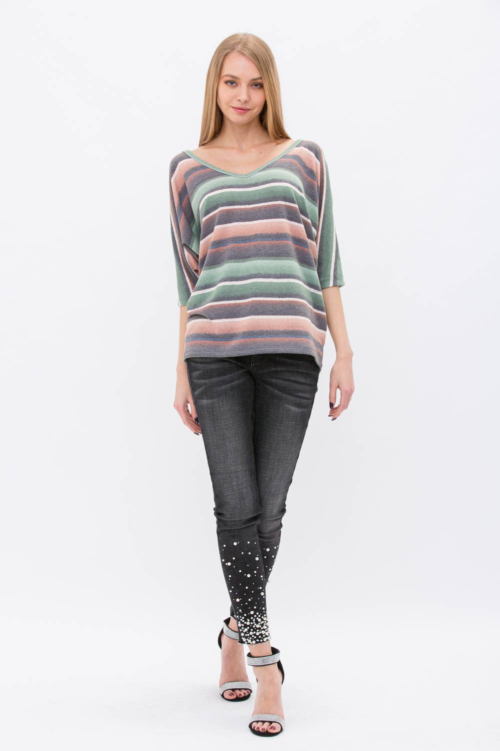 VOCAL - Wholesale Knit Top - Women's - STRIPE KIMONO SLEEVE TOP WITH STRINGS IN THE BACK 19328S1