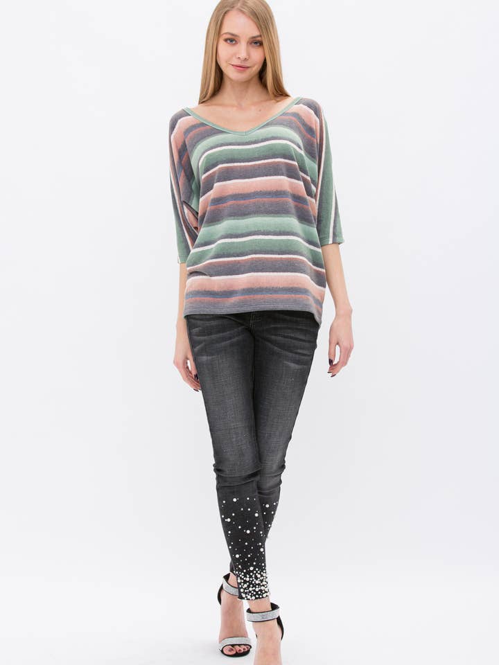 VOCAL - Wholesale Knit Top - Women's - STRIPE KIMONO SLEEVE TOP WITH STRINGS IN THE BACK 19328S1