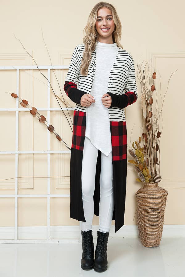 ECOSSAIS ROUGE CARDIGAN OUVERT MAXI RAYURES ET CARREAUX en vente sur Faire2