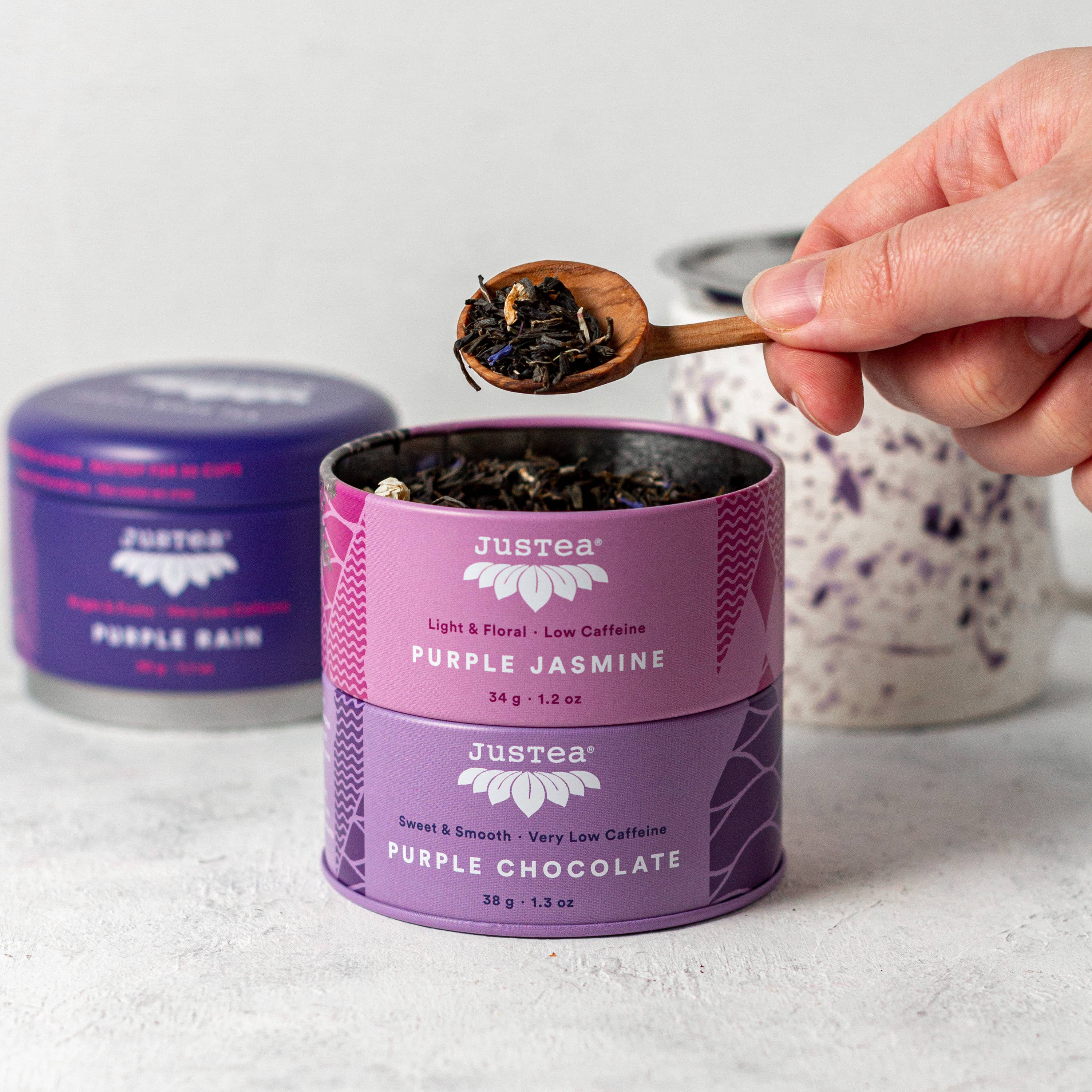 JusTea – Engroshandel Løs te – JusTea Økologisk Purple Tea Trio Dåse med Ske - Fair Trade Tekollektion7