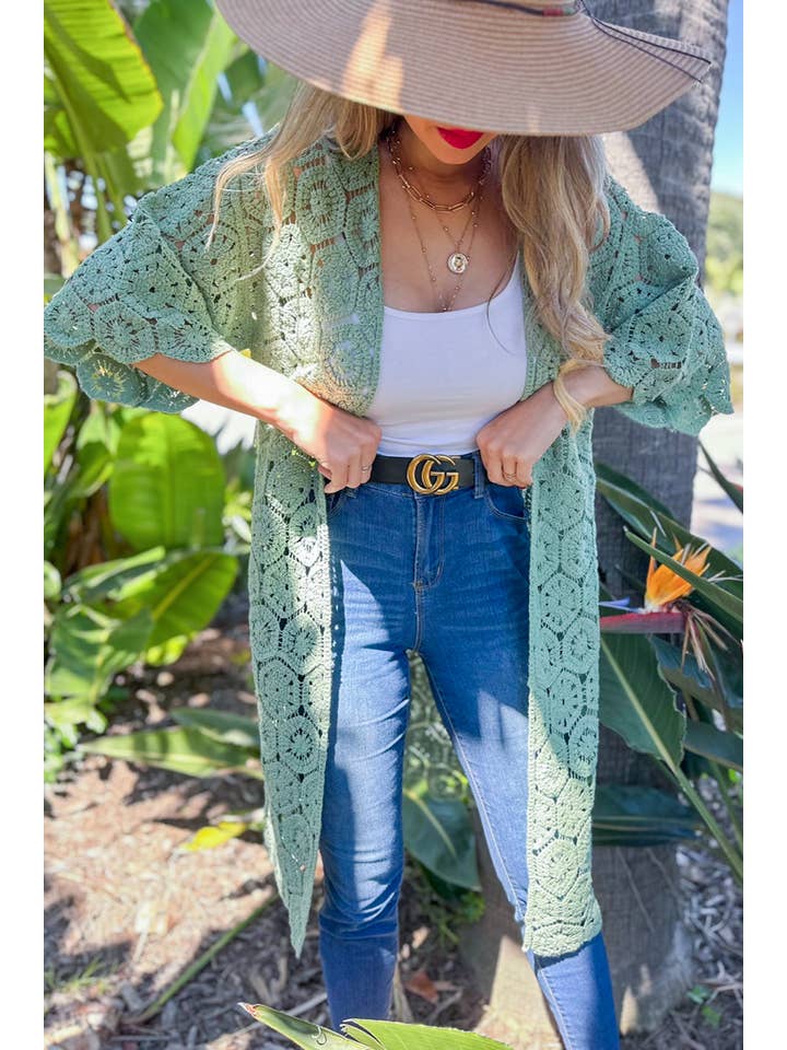 Salvia Sage sexkantig virkad 3/4 ärm Maxi Kimono Cardigan för wholesale på Faire2
