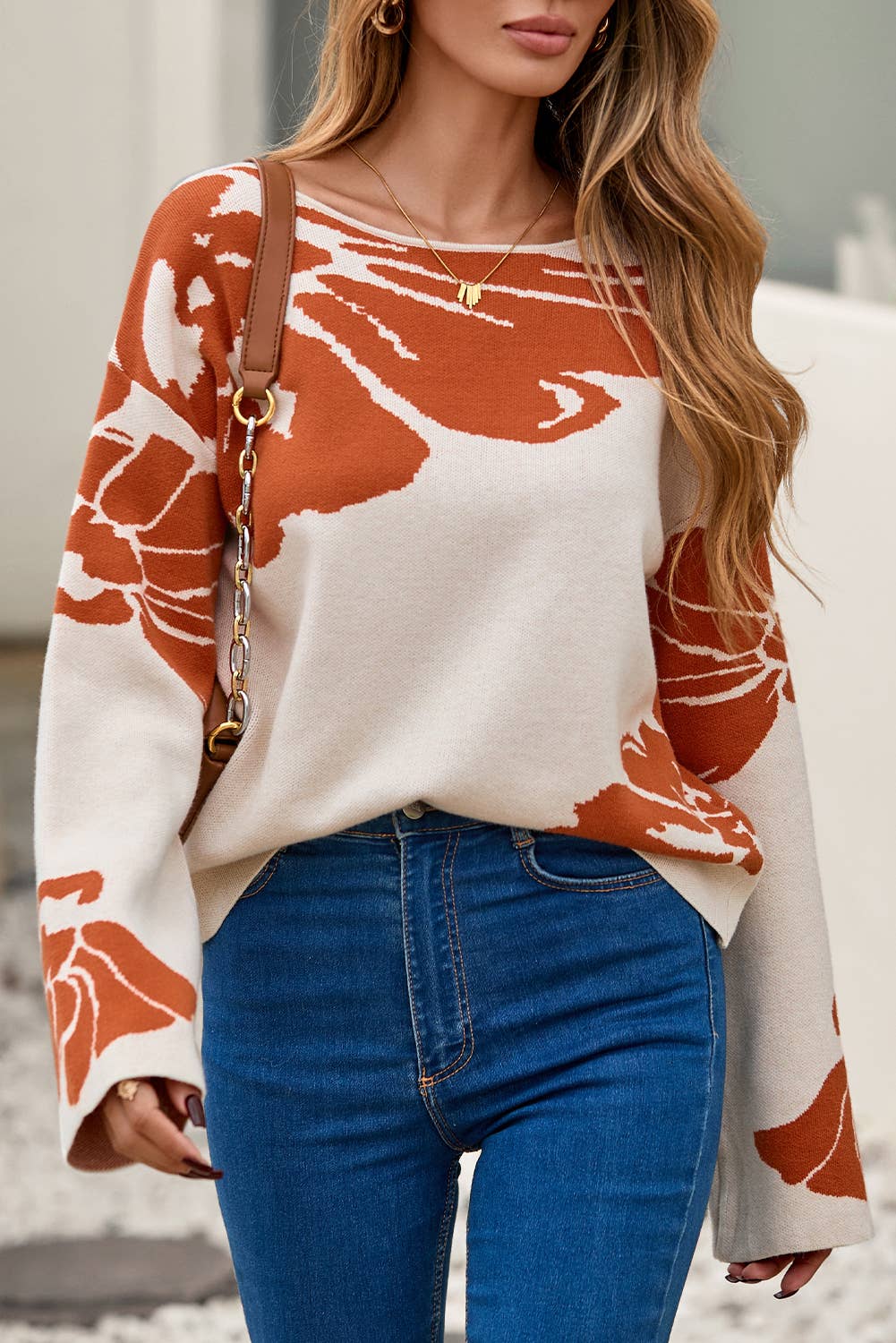 Beige  LDC Bold Flower Pattern Southern Girl Baggy Sweater for wholesale on Faire3