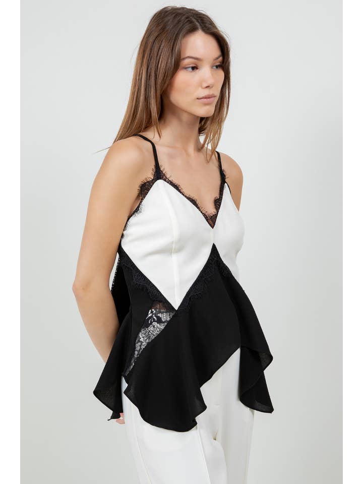 Ivory Black LACE + CONTRAST SATIN TANK TOP W TIE BACK - IVORY/BLACK for wholesale on Faire