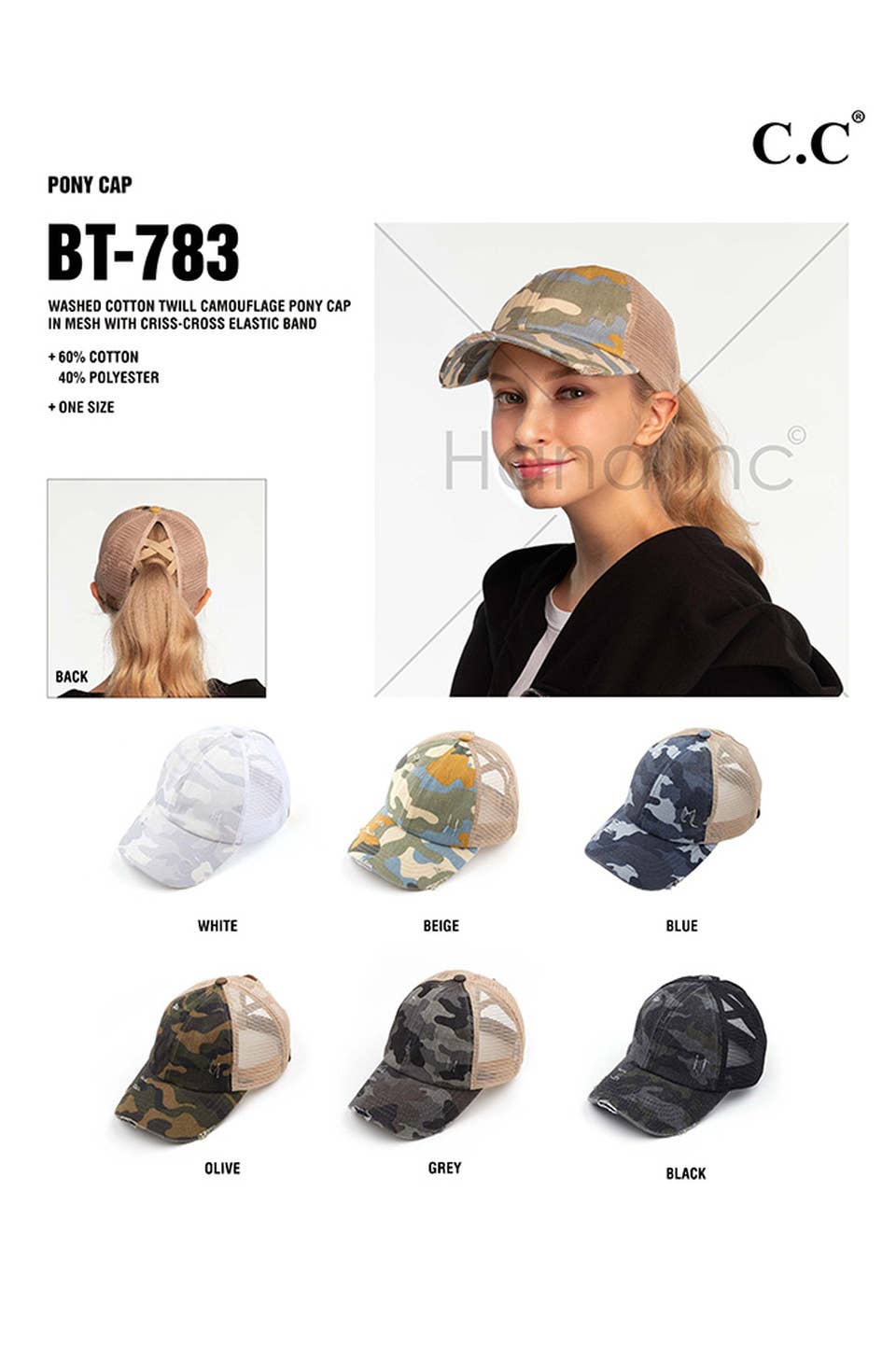 Hana - Wholesale Ponytail Cap - Women's - C.C Denim Camouflage with Crossed Elastic Band Pony Cap7
