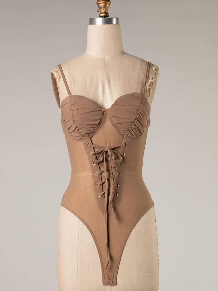 FST2718-STK - Front Lace Up Mesh Bodysuit for wholesale by Fascination by Intrend