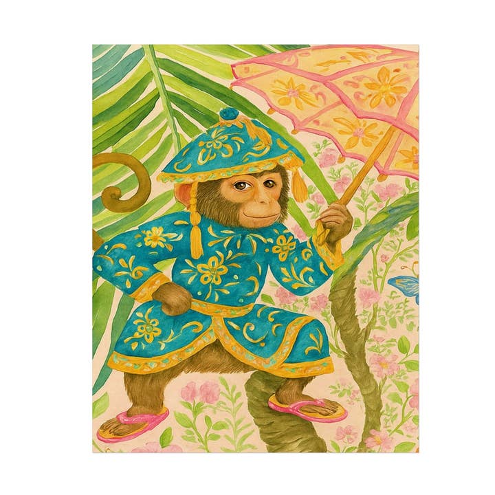 Monkey and Umbrella Chinoiserie Fine Art Poster - Green for wholesale by Maia Homes