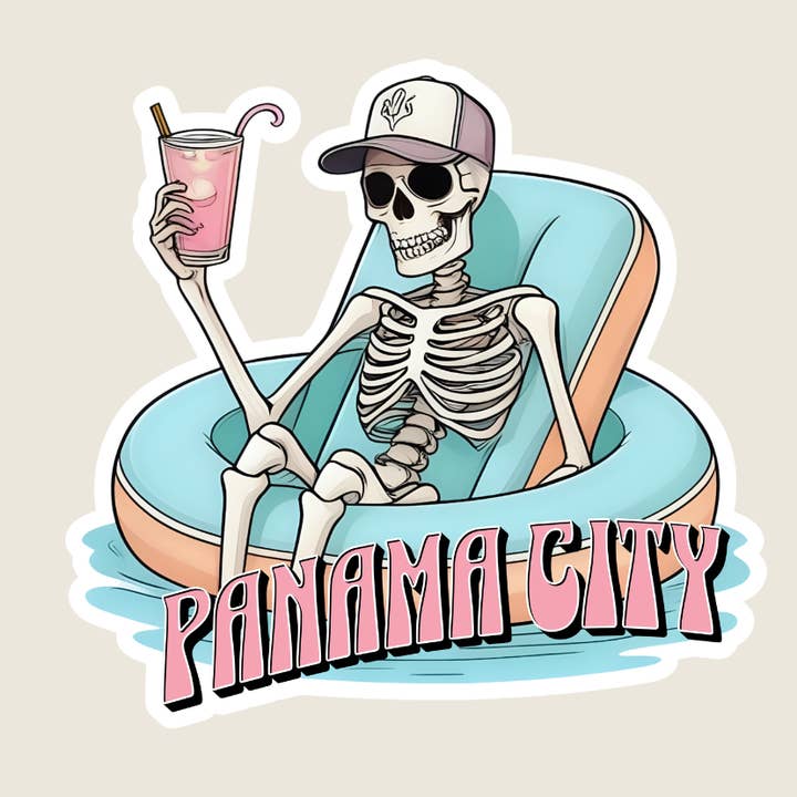 Skeleton Drinking in a Float Custom Souvenir Sticker (B1020) for wholesale by Shoreline Summit