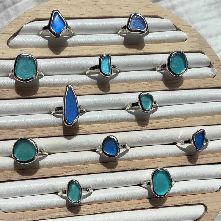 The Salty Gem - Wholesale Single Stone/Solitaire Ring - Blue Sea Glass Ring (Handmade)