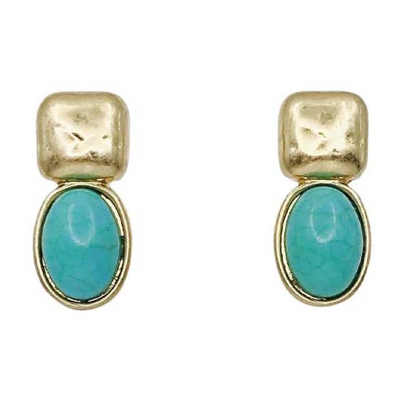 Gold Square with Turquoise Oval 1" Earring for wholesale by What's Hot