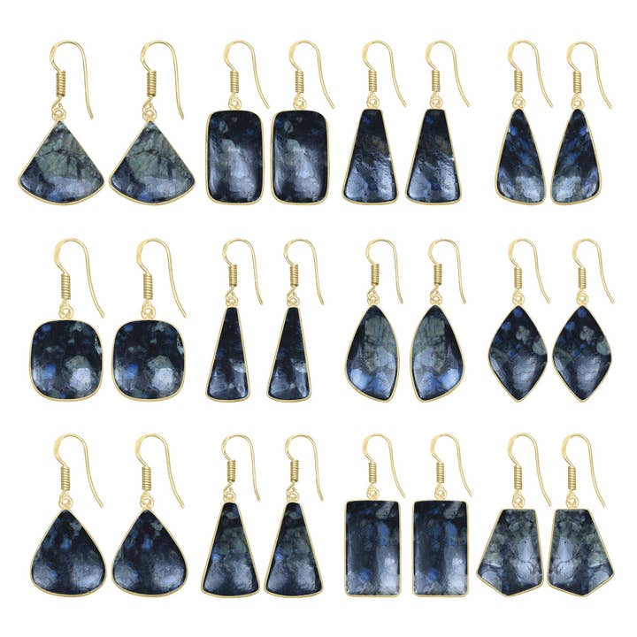 Handmade Jewels - Wholesale Dangle Earrings - Larvikite Earrings โ 18K Gold-Plated Bezel, Handmade Minimal Design | Made to Order