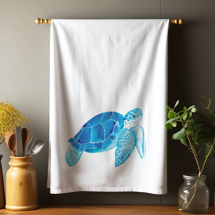 Custom "Your Town" Blue Turtle 27x27 Kitchen Towel for wholesale by Blue Poppy Designs