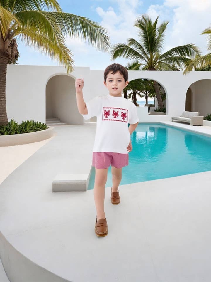 Conjunto corto de niño con langosta bordada y cuadros vichy rojos para venta al por mayor de Hello Bebes!