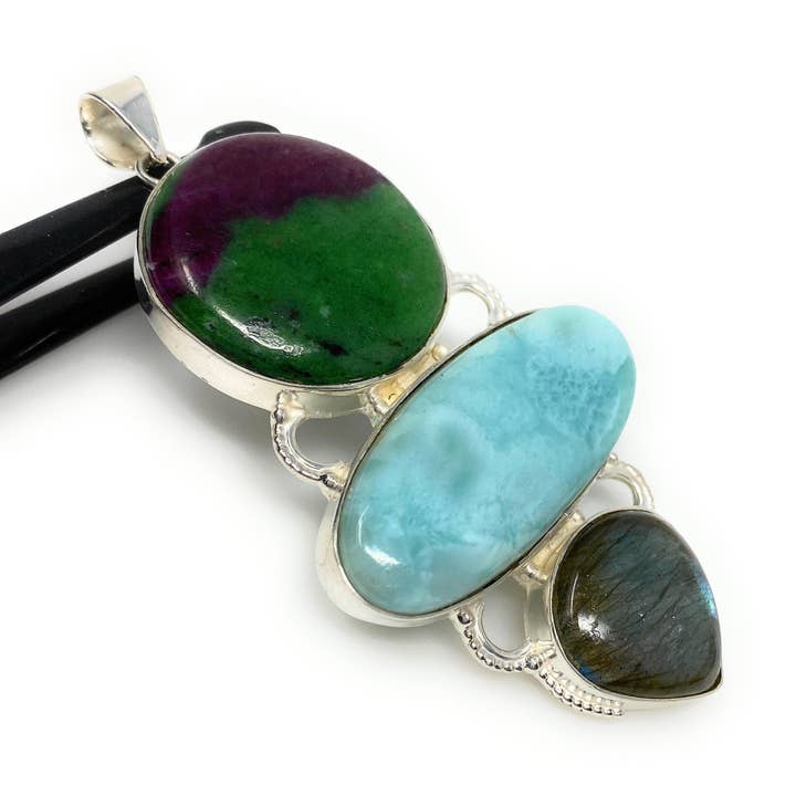 Larimar Gemstone Pendant with Ruby Zoisite and Labradorite , Wire Wrapped Pendant, Silver Jewelry Gifts for Her, Bohemian Jewelry for wholesale by Akstar Gems