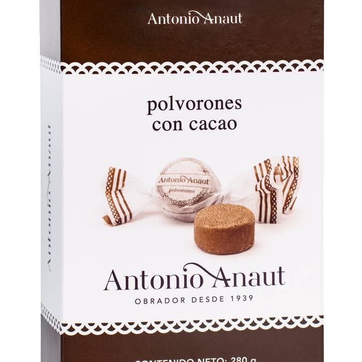280 g box. Cocoa polvorón for wholesale by ANTONIO ANAUT