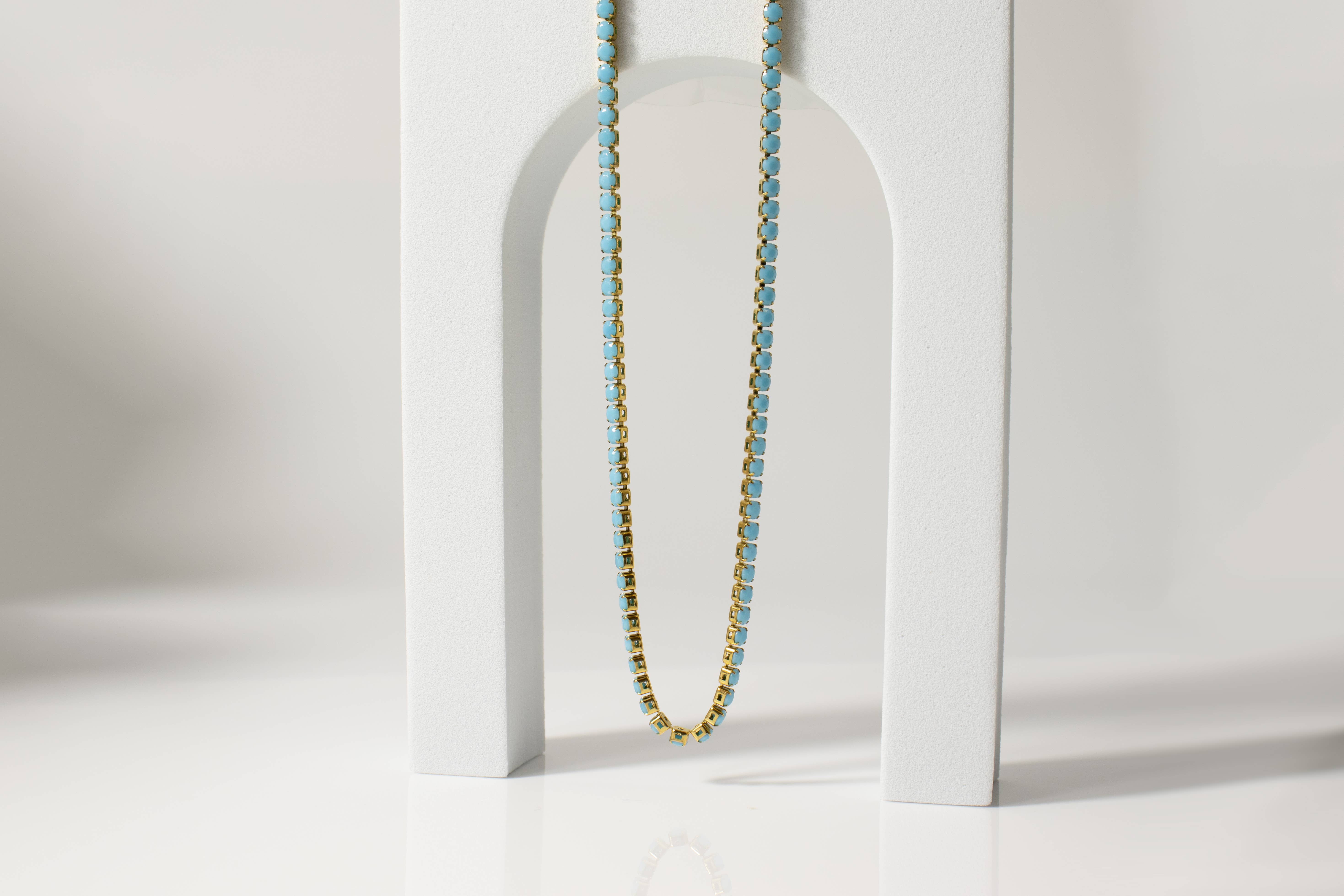 WJW - Wholesale Link & Chain Necklace - 18k Gold Turquoise Rhinestone Tennis Chain Necklace8