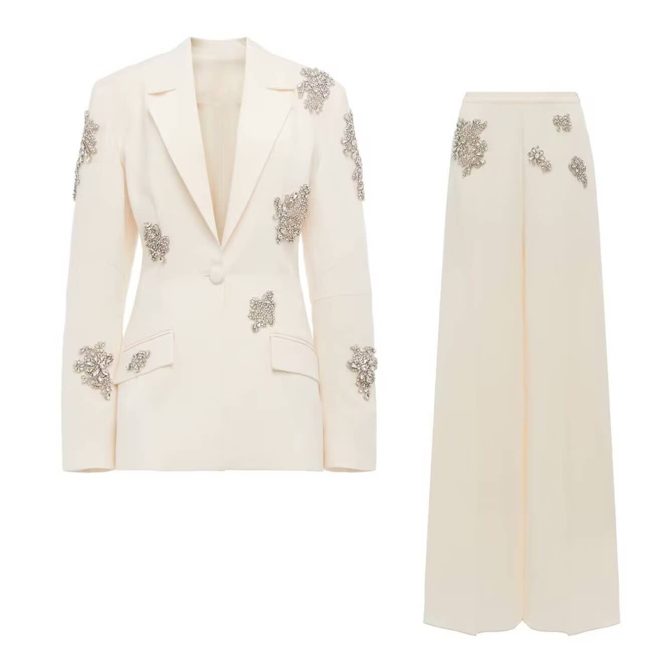 White SET149 Luxe Beaded Jacket & Wide-Leg Pants Ensemble for wholesale on Faire4
