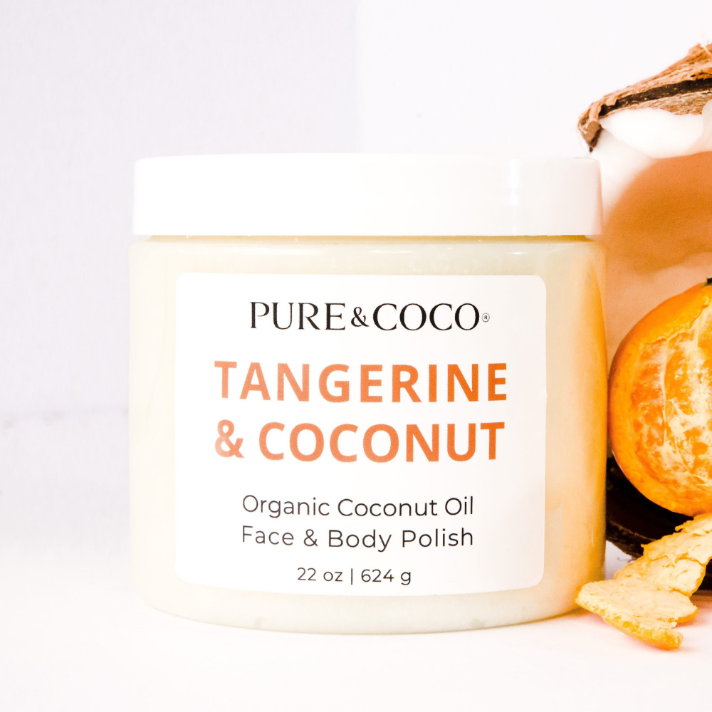 Pure & Coco | Organic Coconut Oil Face & Body Skincare - Wholesale Facial Exfoliant/Scrub - Tangerine & Coconut Organic Coconut Oil Face & Body Polish6