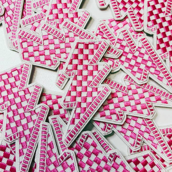 TEELUX - Wholesale Patch - 2.5” Checkered Lightning - PINK - Embroidered Hat Patch