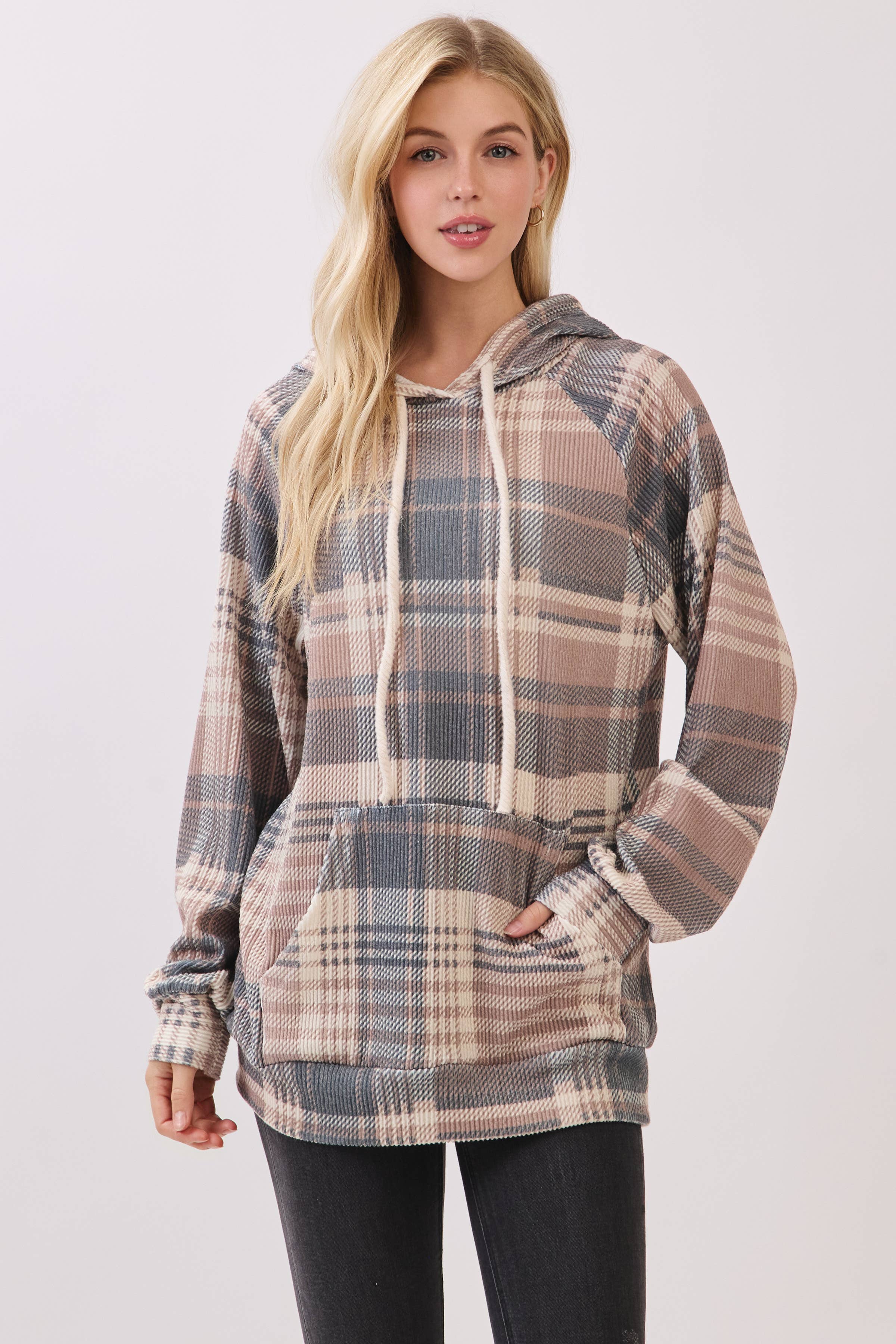 TL2083 Cozy Plaid Knit Hoodie for wholesale on Faire1