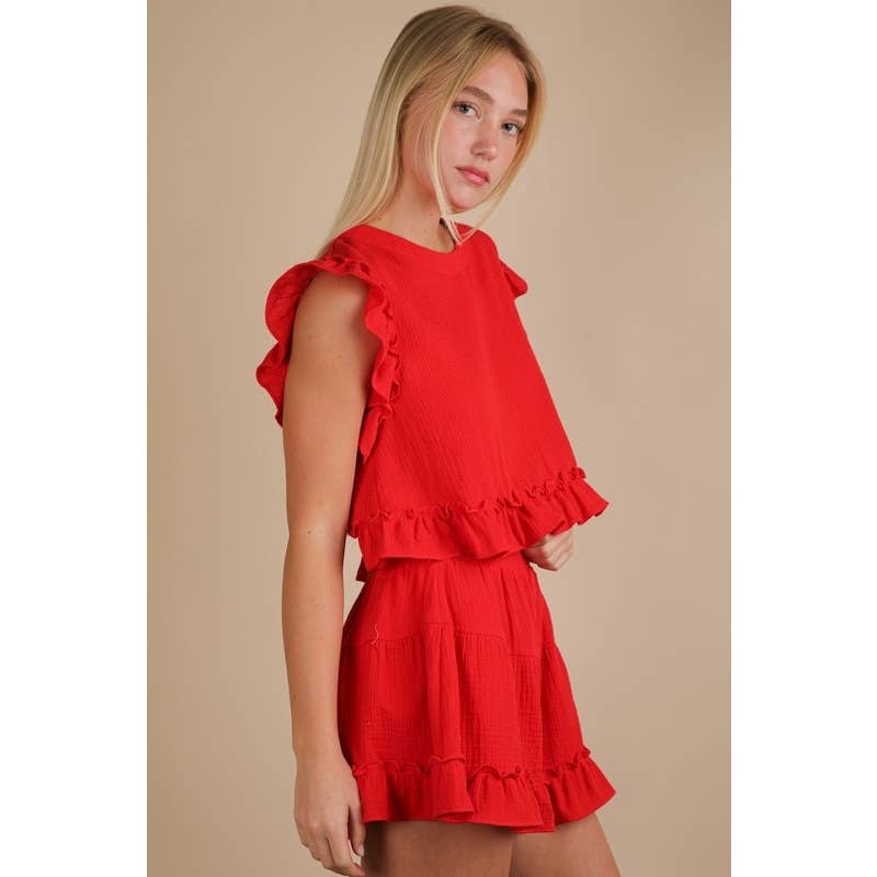 IVE - Vente Ensemble haut et short (PAS d'intérieur) - Femme - Ensemble haut tissé uni à volants ET short7