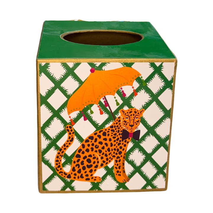 TOPICS IN THE TROPICS - Wholesale Tissue Box - Paper Mache Kleenex Box Leopard with a bow tie and umbrella0