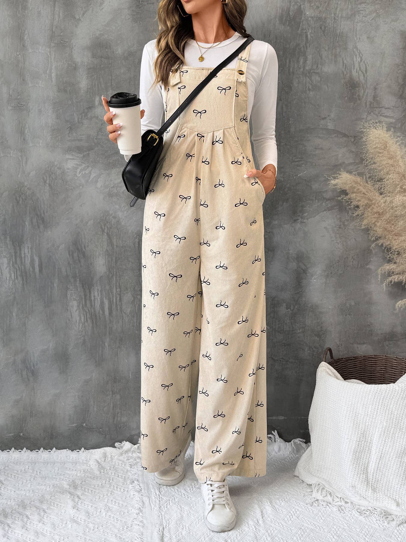 Beige Wide Leg Corduroy Overalls with Bow Print Design for wholesale on Faire1