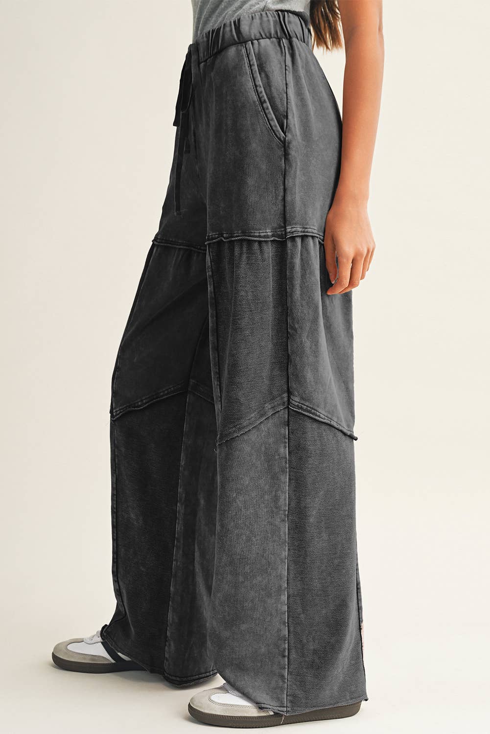 Little Daisy Closet - Wholesale Pants - Women's -  LDC Mineral Wash Tiered Wide Leg Patchwork Drawstring Pants1