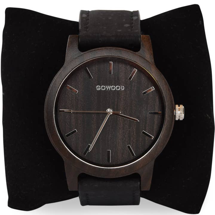 GOWOOD - Venta al por mayor Reloj de pulsera - Hombre - Reloj de madera de sándalo negro con correa de corcho real
