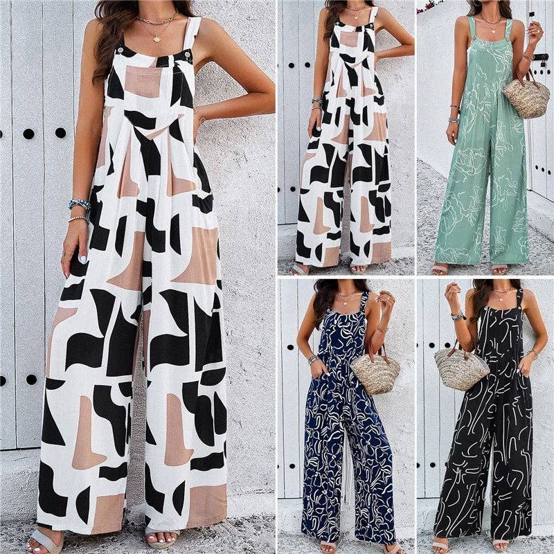 ShieldChic - Wholesale Jumpsuit - Women's - Contrast Color Printing Sleeveless Wide Leg Jumpsuits2