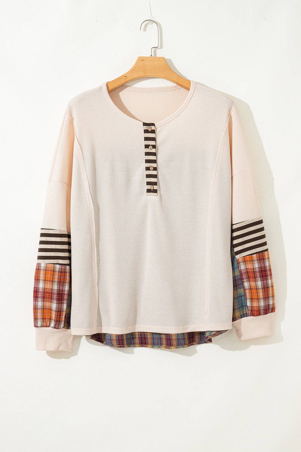 Parchment Plus Size Waffle Colorblock Striped Plaid Patchwork Half Button Pullover for wholesale on Faire0