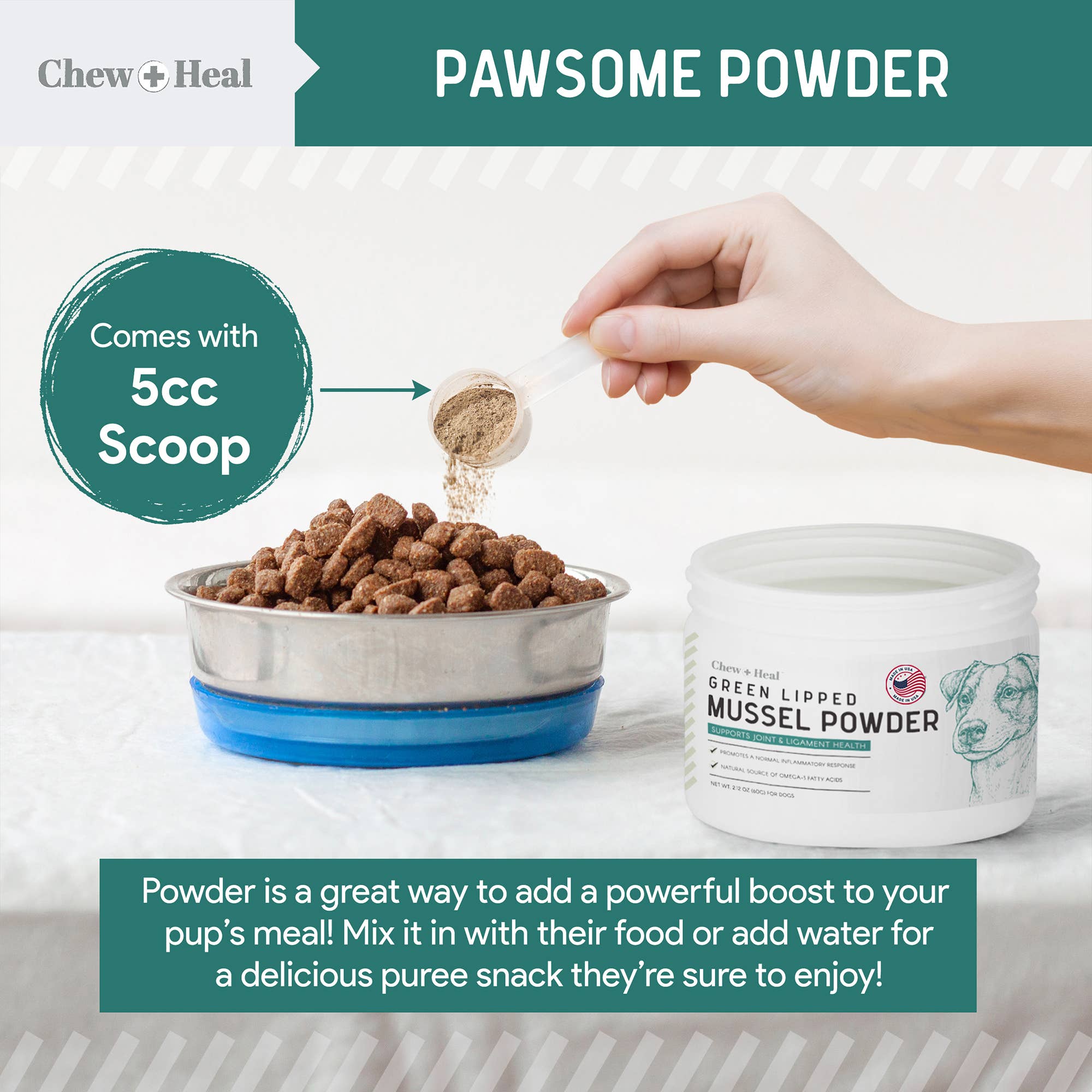Chew + Heal - Vendita all'ingrosso Integratore per animali domestici - Cani - Polvere di Cozza dalle Labbra Verdi per Anca e Articolazioni7