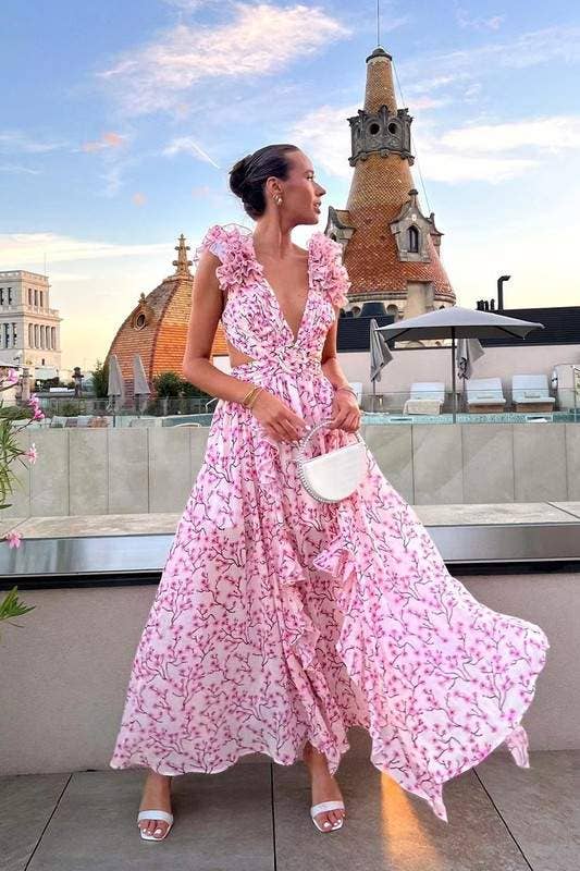 Queen Fashion - Wholesale Blouse - Women's - floral maxi dress with flutter sleeves0