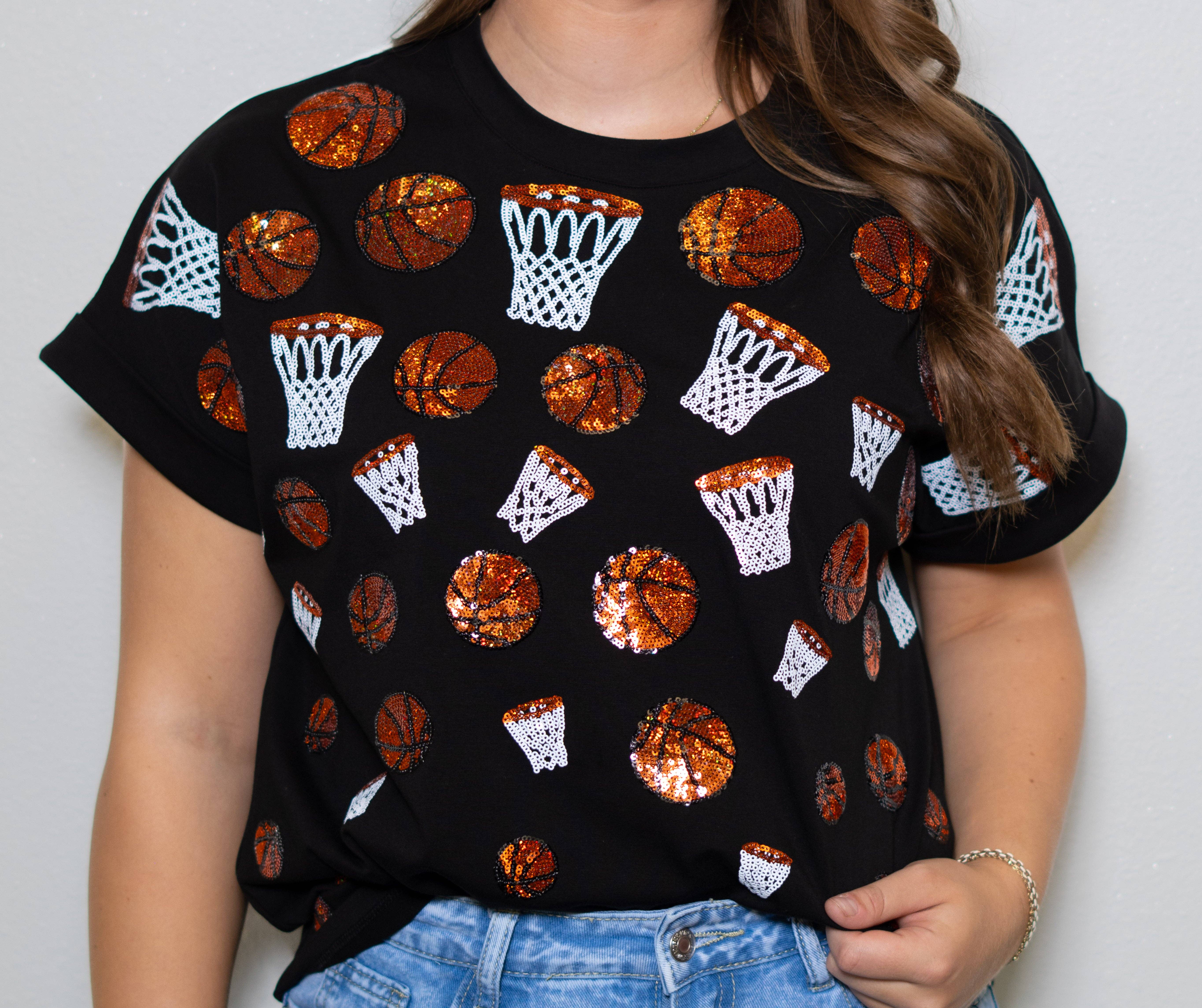 BOMB DESIGNS - Wholesale T-Shirt - Women's - Scattered Basketball | Sequin Design Cuff Sleeve (Black)2