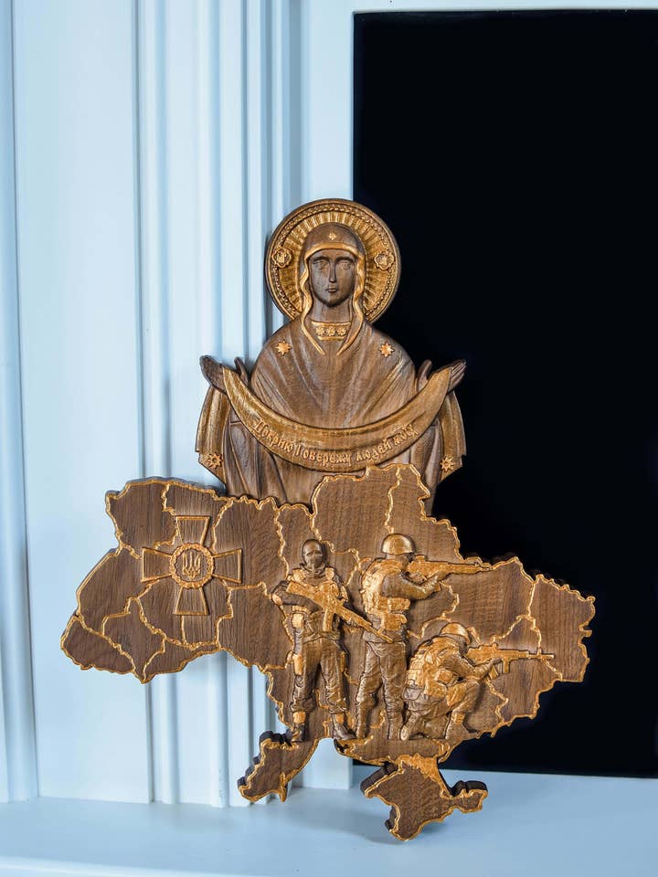 Ukrainian map with Blessed Virgin Mary over Ukrainian solgiers for wholesale by KozakWorkshop