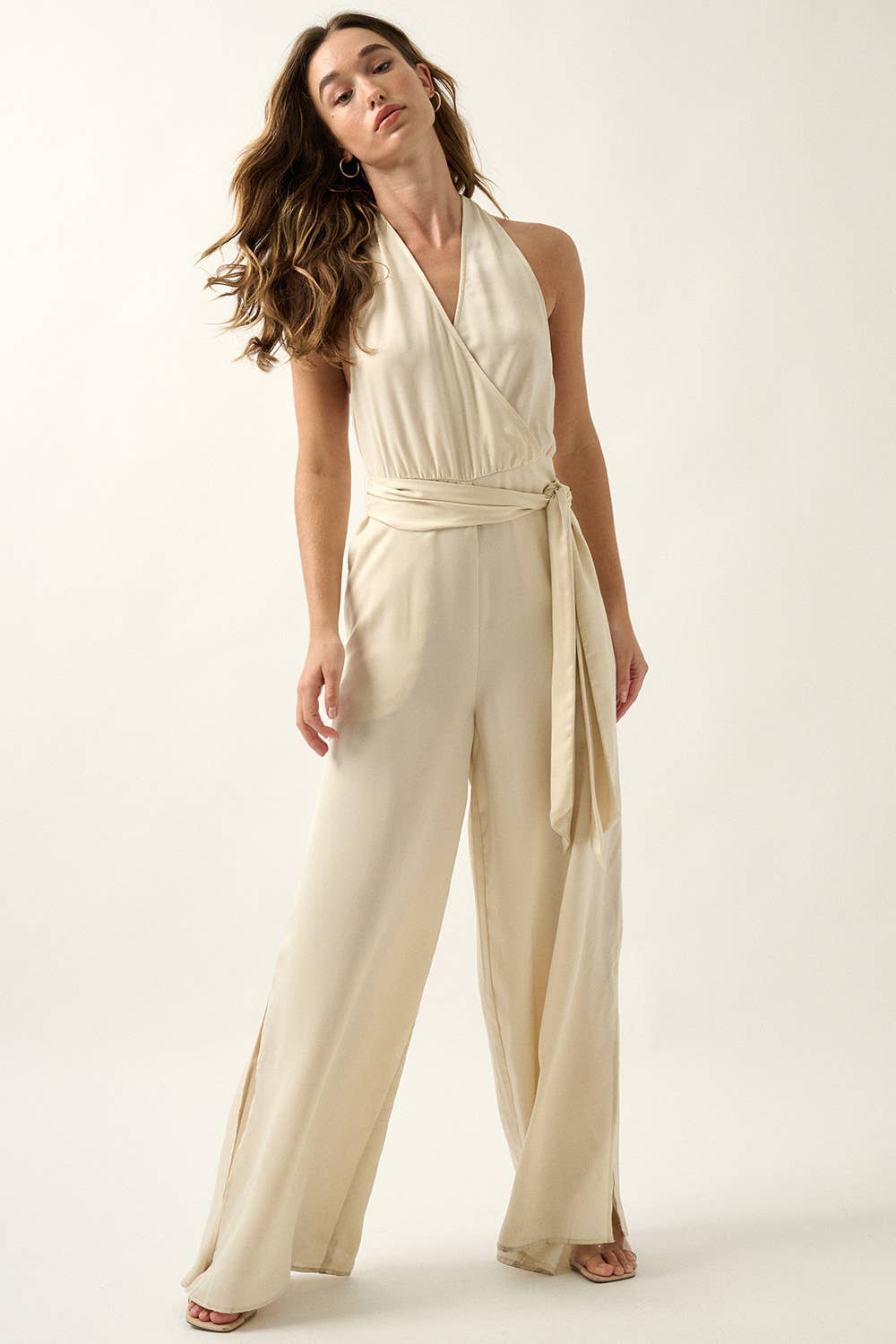 Promesa USA - Wholesale Jumpsuit - Dames - Effen Surplice jumpsuit met wijde pijpen en riem2